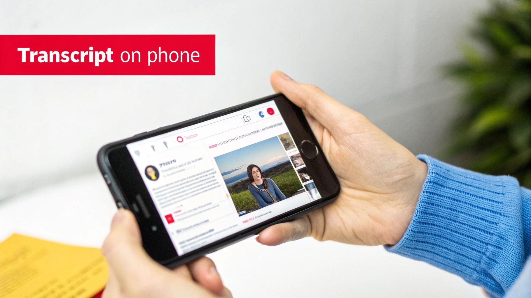A person's hands holding a black smartphone horizontally, displaying a website with a woman's portrait and text, likely a transcript.