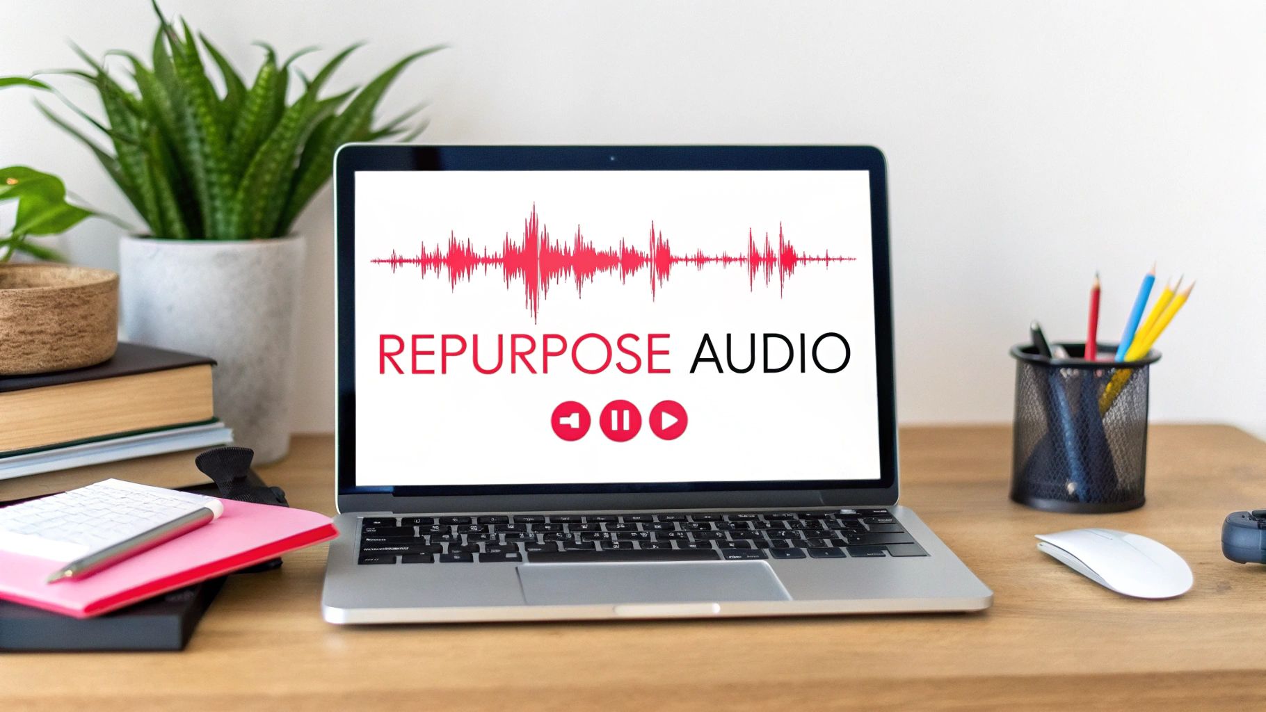 A laptop on a wooden desk displays an audio waveform and a text 'REPURPOSE AUDIO'.