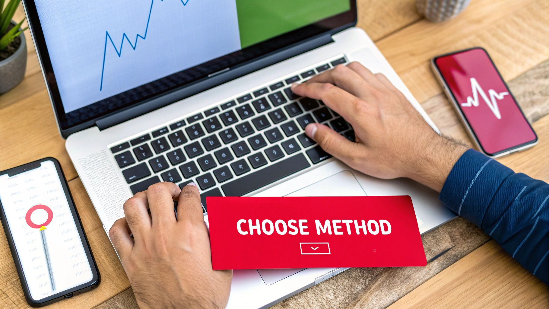 Person typing on laptop choosing method for digital content conversion with multiple devices displaying analytics