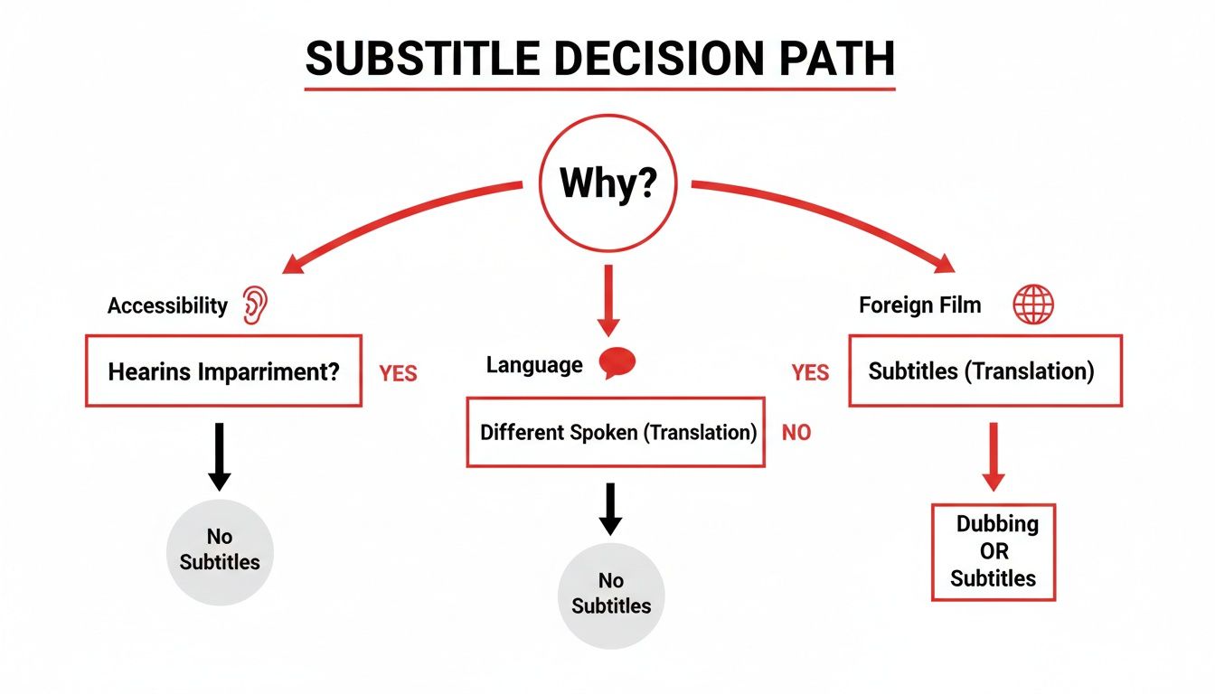 Decision path flowchart for subtitles, considering hearing impairment, different languages, and foreign films.