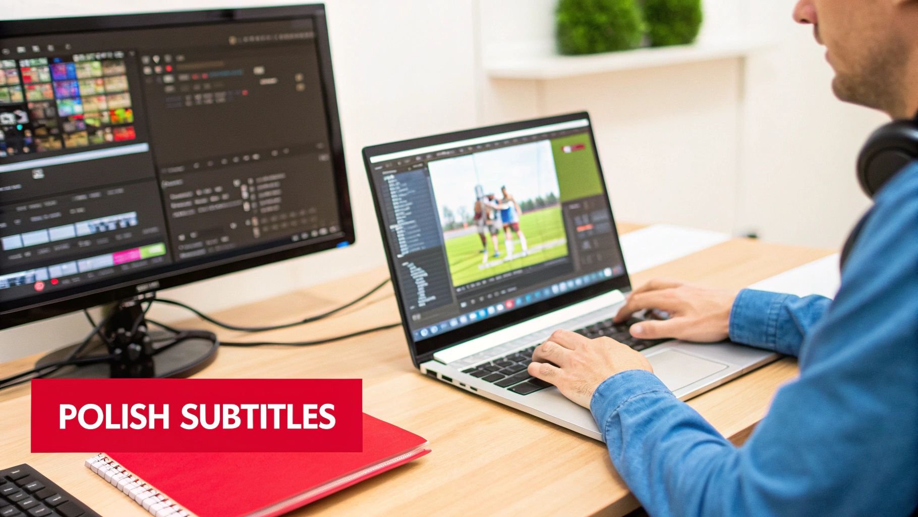 A person wearing headphones editing video with "POLISH SUBTITLES" overlay on a laptop and desktop monitor.