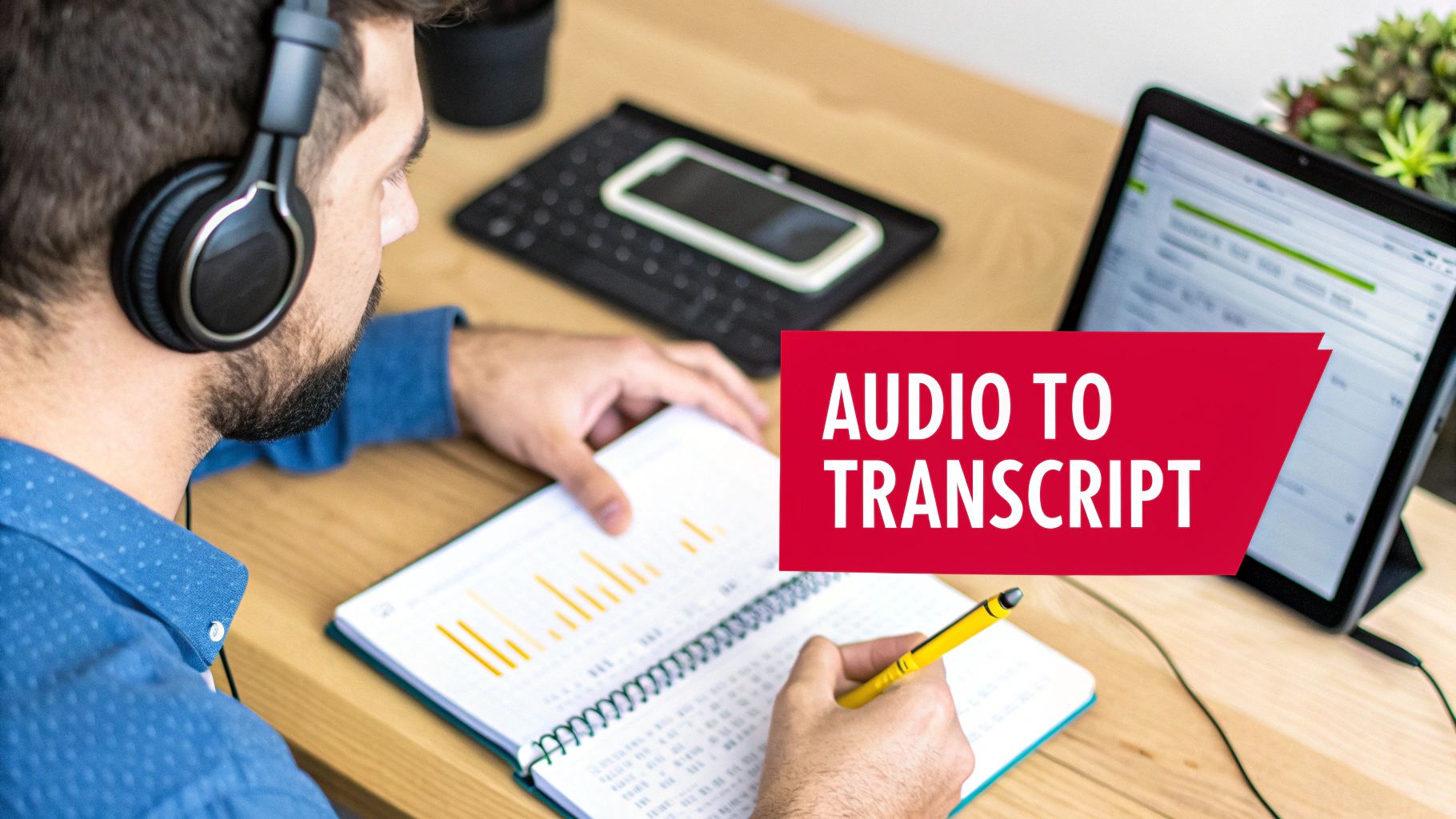 Man wearing headphones transcribing audio from a tablet into a notebook with a pen.