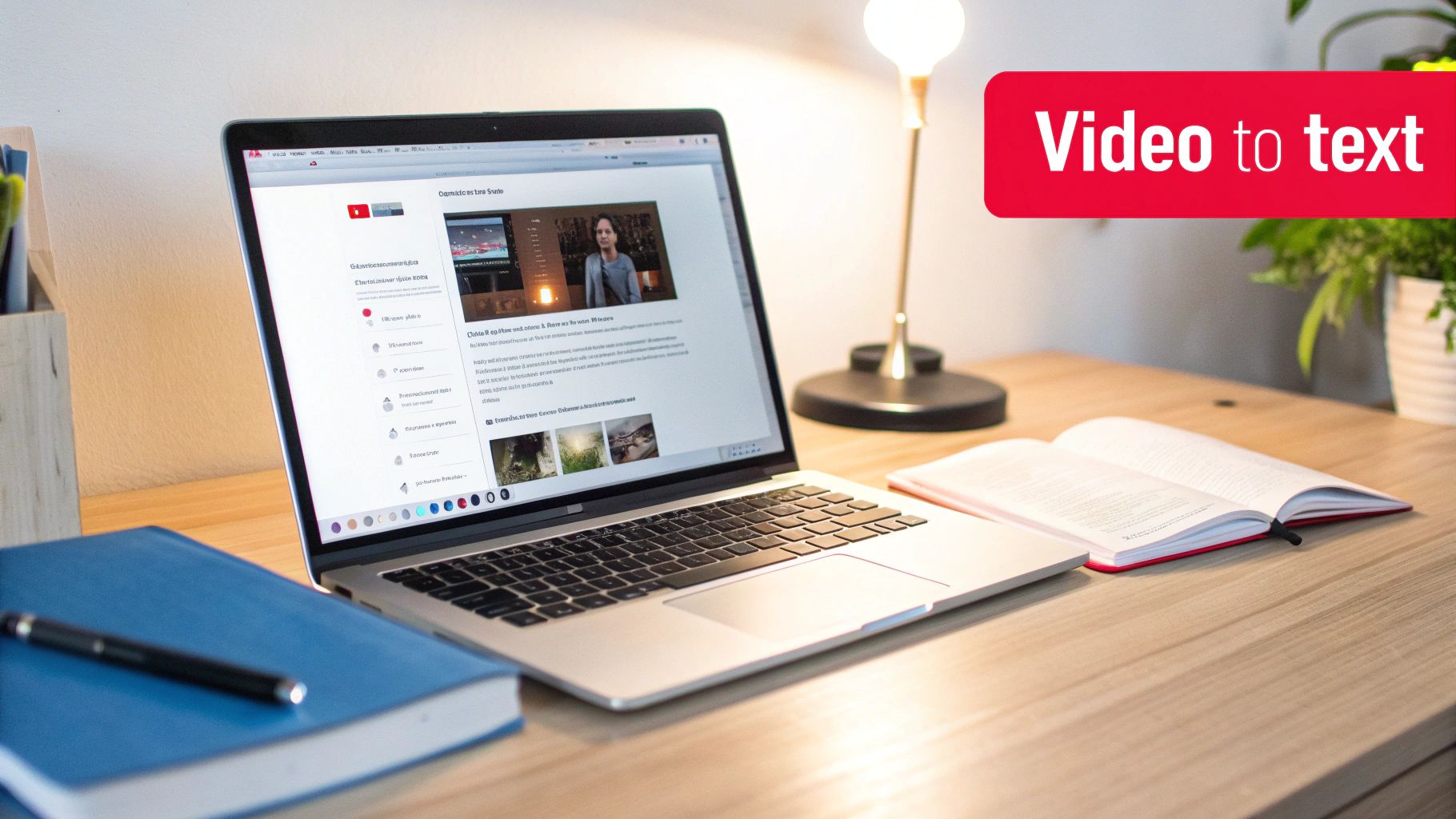 A modern laptop on a wooden desk displays a video, alongside books and a 'Video to text' banner.