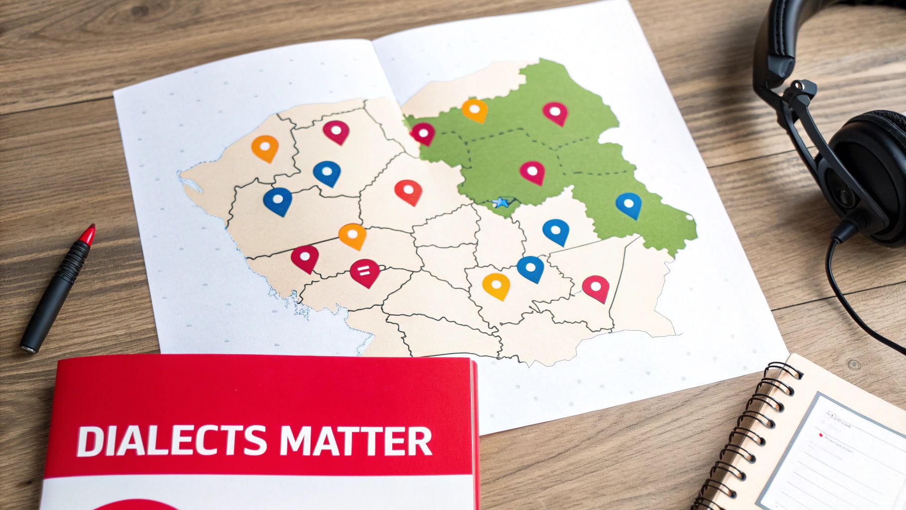 A map of Romania with colored pins and regions, alongside a 'Dialects Matter' book and headphones.