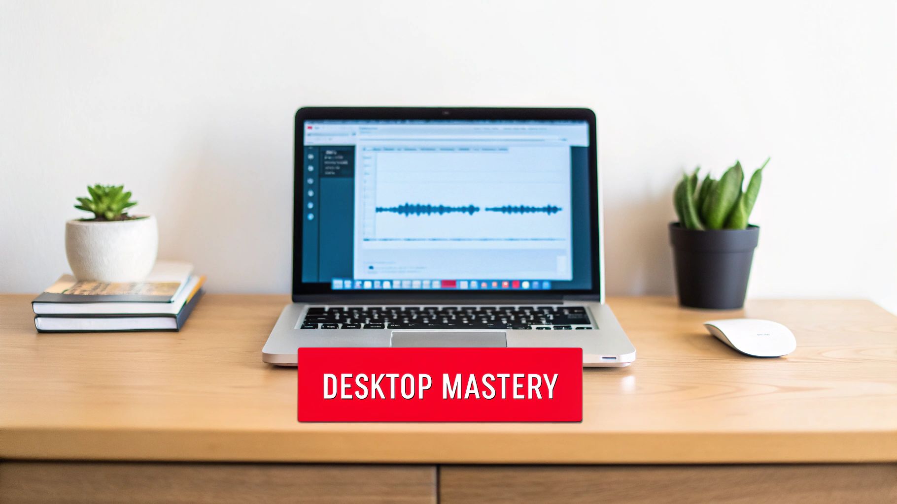 Desk setup with a laptop displaying an audio waveform, surrounded by plants and books.
