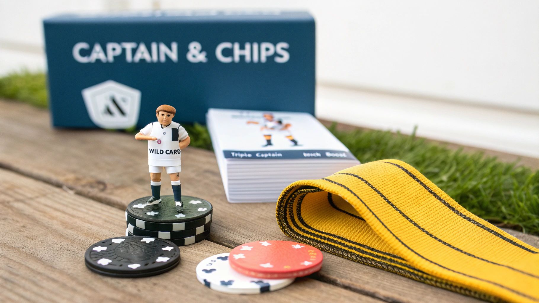 Close-up of Captain & Chips game components: soccer player figurine, cards, and chips on wood.