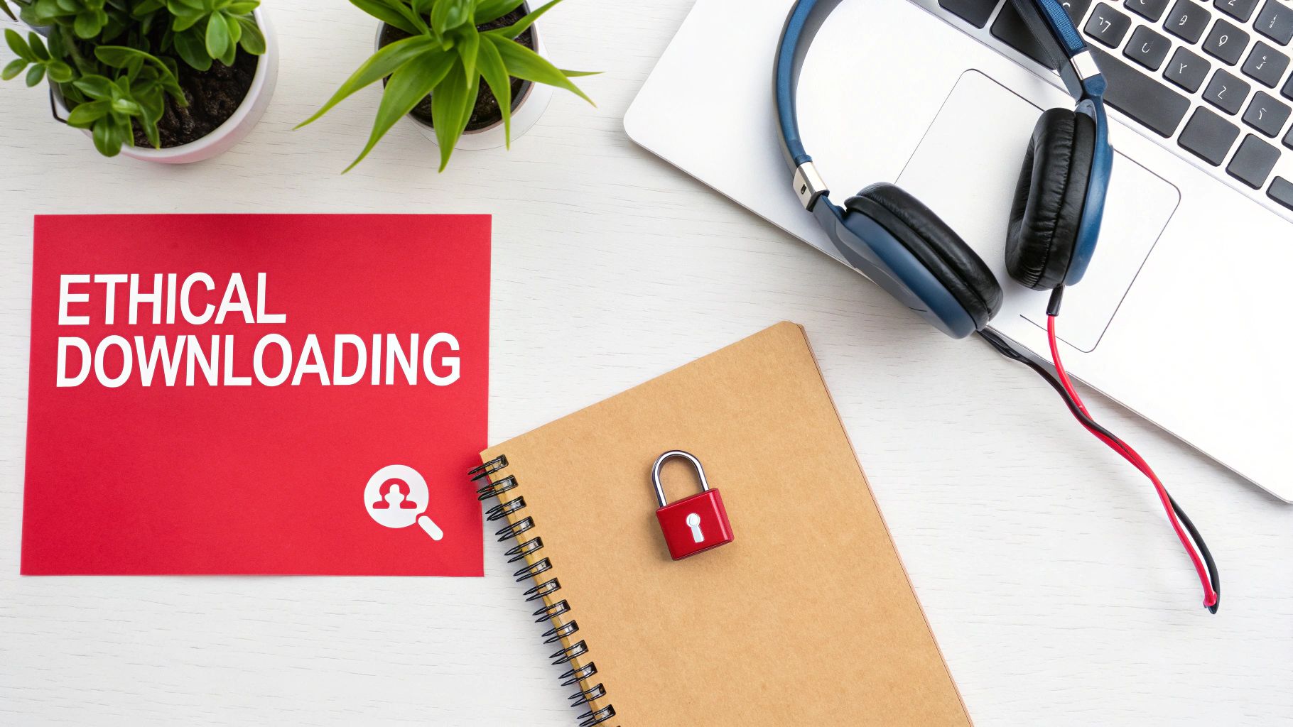 A red sign about 'Ethical Downloading' on a white desk with a laptop, headphones, and a padlock.