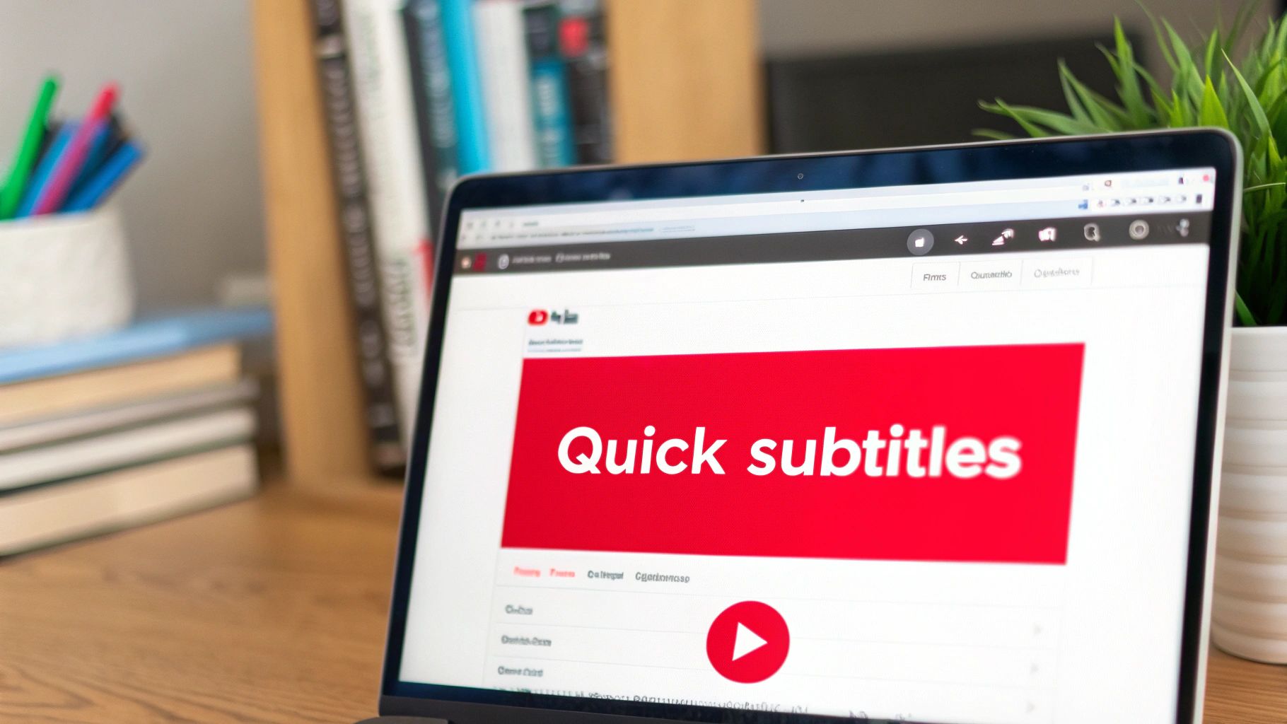 A laptop screen showing a Youtube page with a red banner saying 'Quick subtitles' and a play icon.