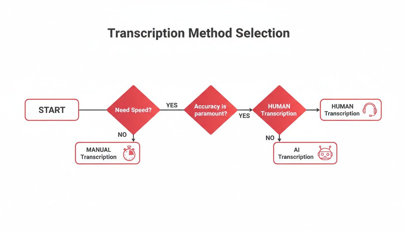 A flowchart demonstrating the selection process for transcription methods based on speed and accuracy requirements.