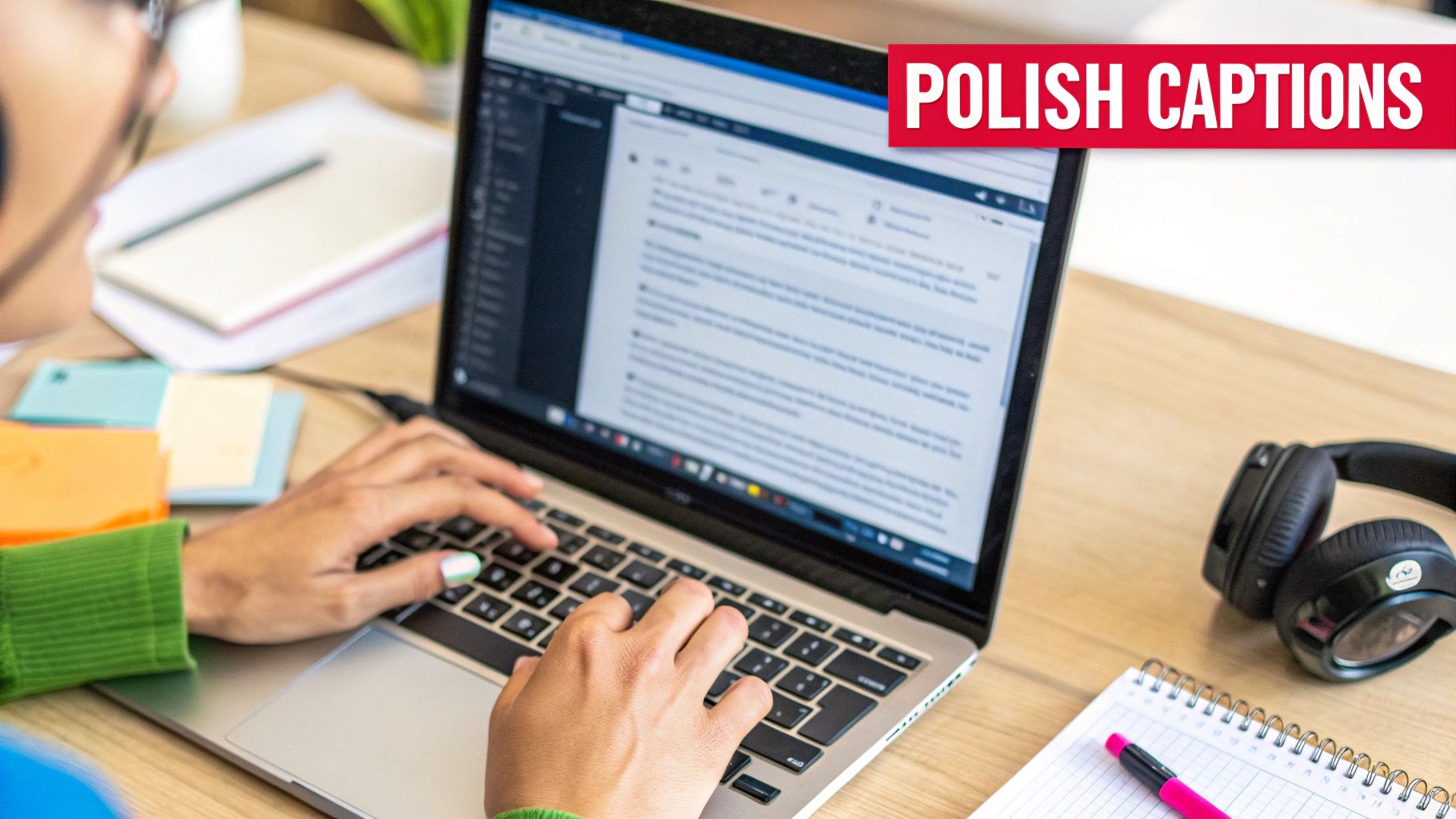 A person types on a laptop at a desk, wearing headphones, with 'POLISH CAPTIONS' text banner.