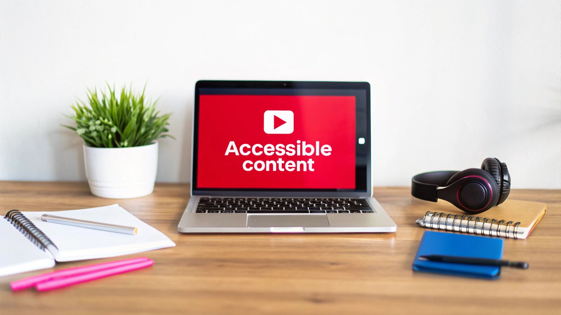 A laptop displays Youtube's 'Accessible content' with a play button, surrounded by office supplies.