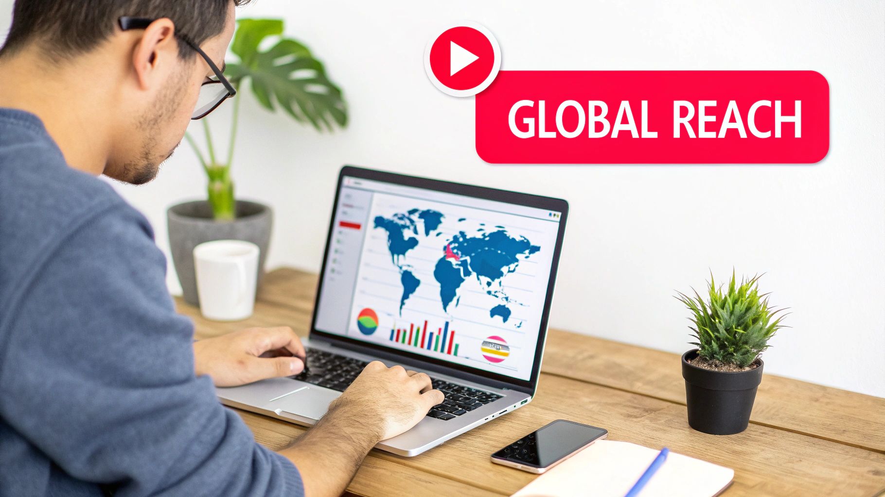 Man in glasses uses a laptop showing global market data, with a 'GLOBAL REACH' banner.