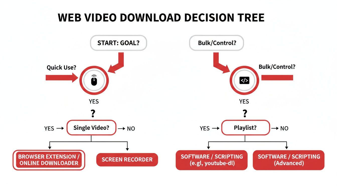 A decision tree flowchart outlining different methods for downloading web videos based on user needs.