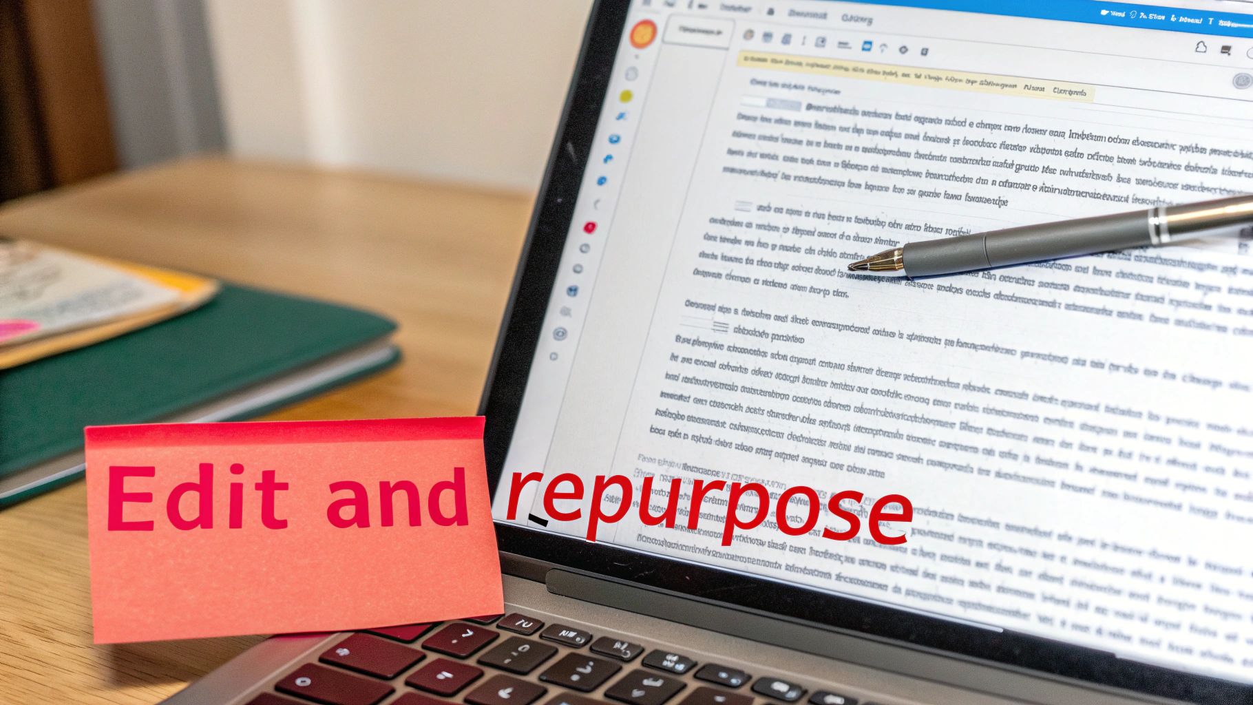 Laptop screen showing a document with a pen, next to a sticky note 'Edit and repurpose'.