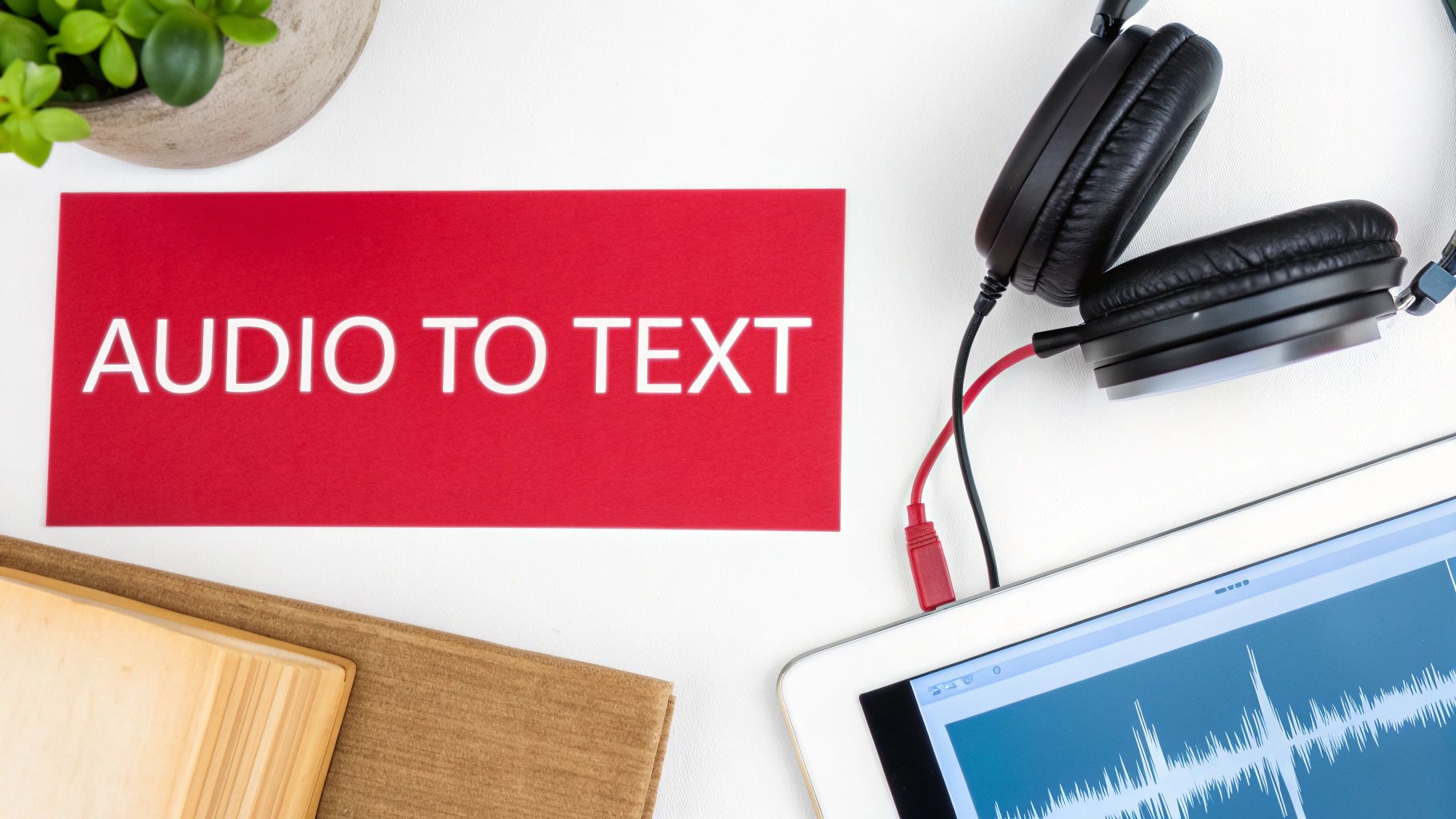 Audio to text transcription workspace with headphones, tablet showing waveform, and red sign