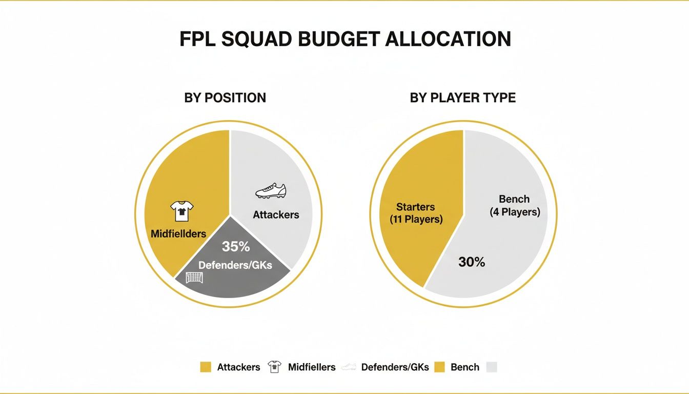 Two pie charts illustrate FPL squad budget distribution by player position and player type.