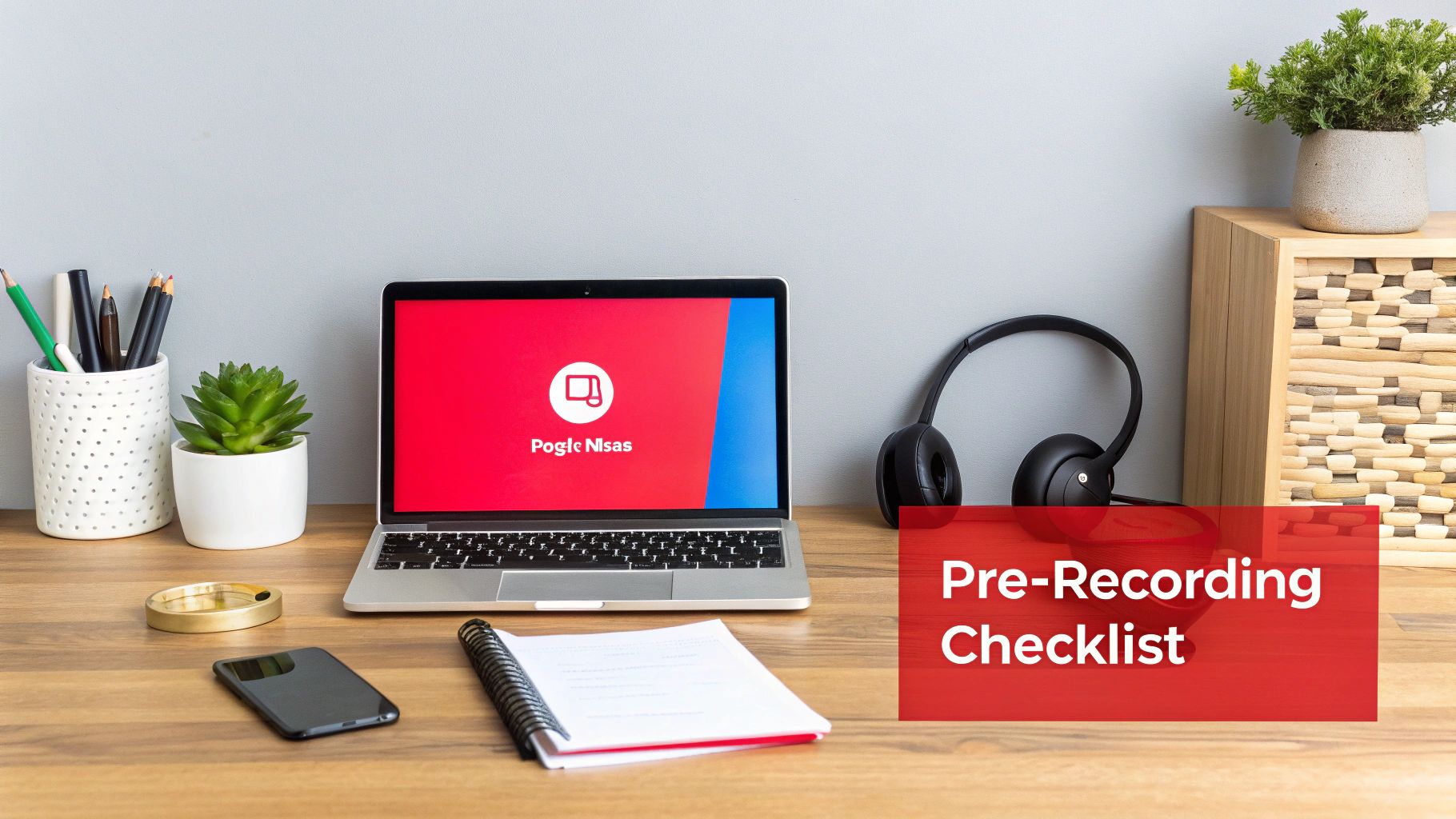 A neat desk setup with a laptop, headphones, notebook, phone, and plants, featuring a "Pre-Recording Checklist" banner.