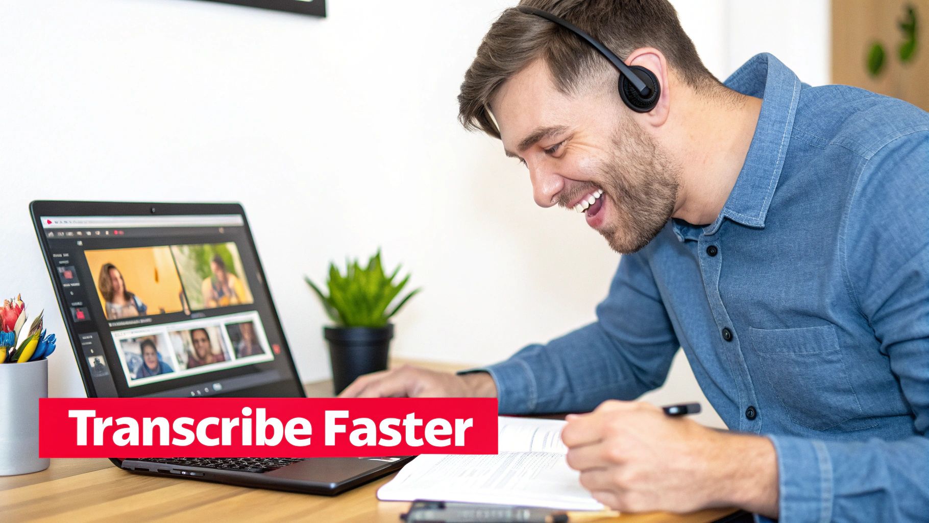 Smiling man with a headset on a video call, writing notes to transcribe faster.