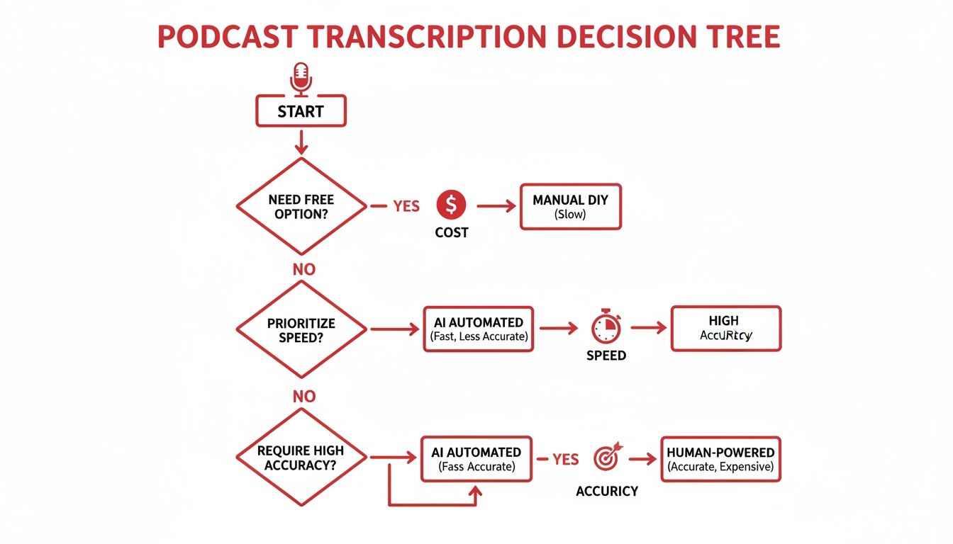 Decision tree illustrating podcast transcription options based on cost, speed, and accuracy levels.