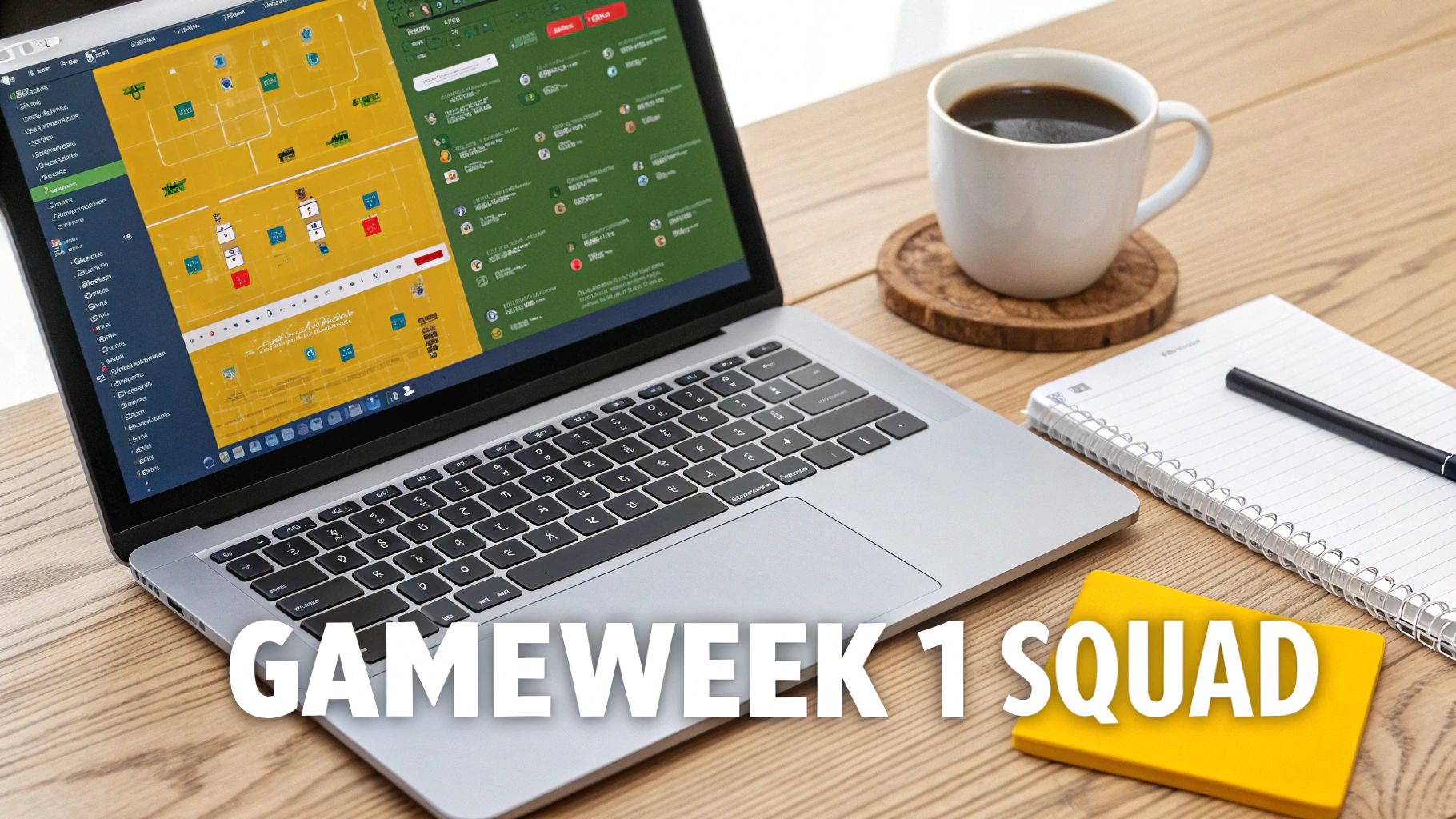 A laptop on a wooden desk displays a fantasy football team setup for Gameweek 1, with a coffee cup and notebook nearby.
