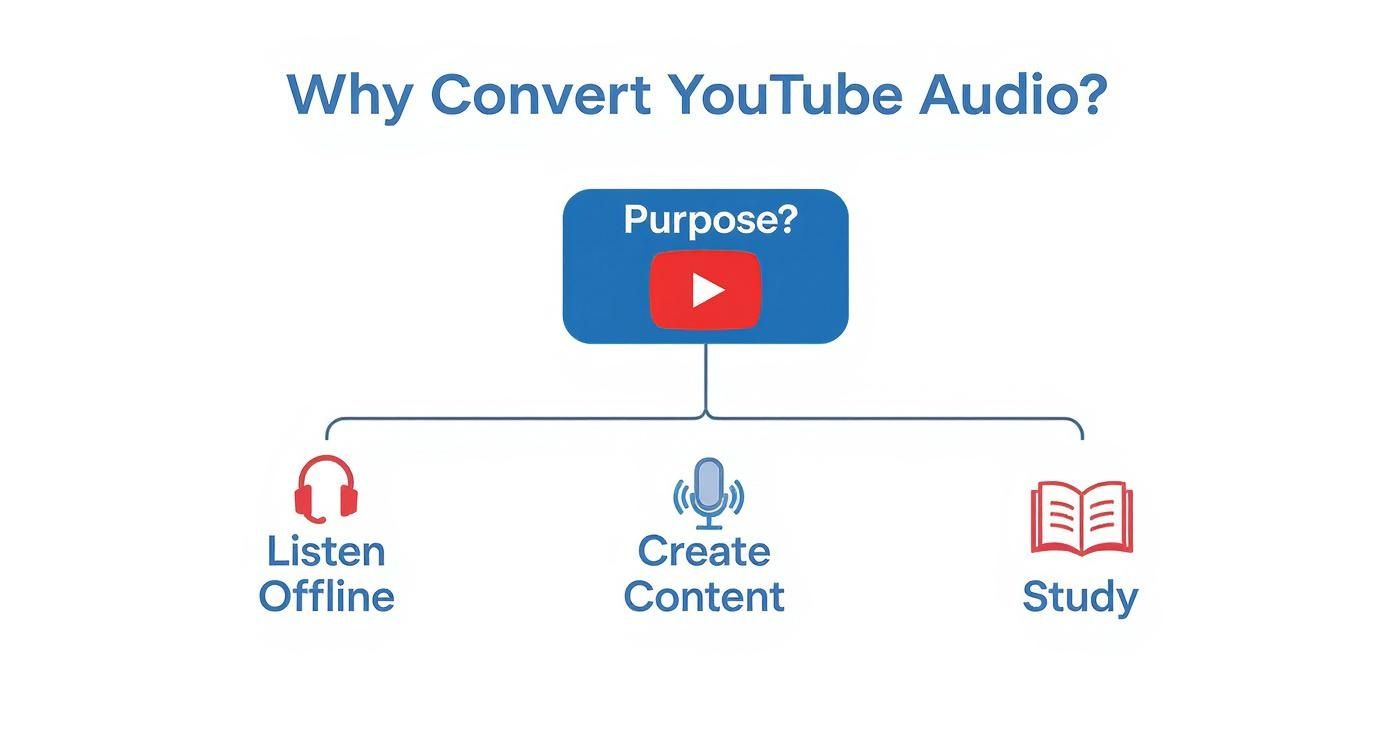 Flowchart showing three purposes for converting Youtube audio: listen offline, create content, and study