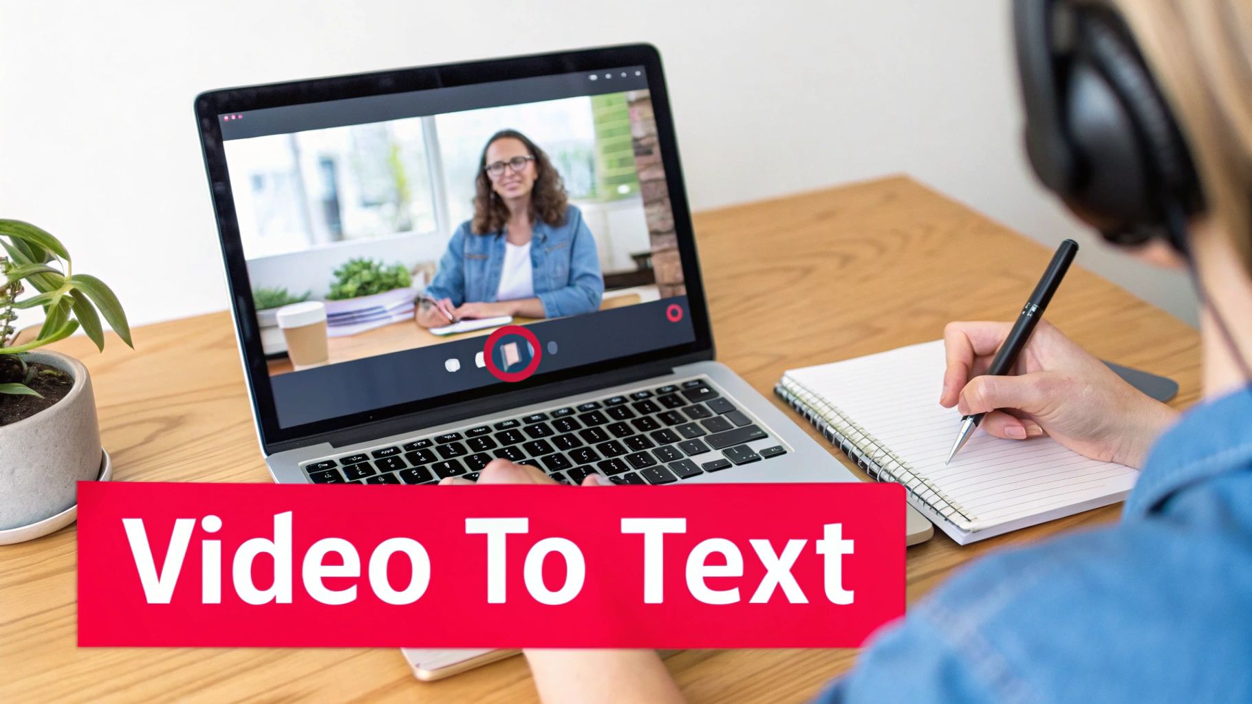 Person with headphones taking notes from a video call on a laptop, displaying 'Video To Text'.