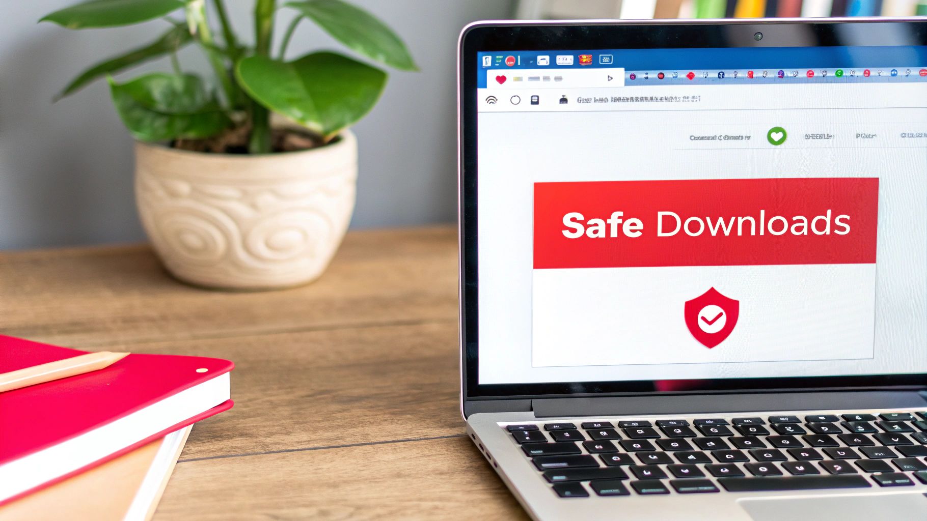 A laptop screen displays 'Safe Downloads' with a security shield icon on a wooden desk.