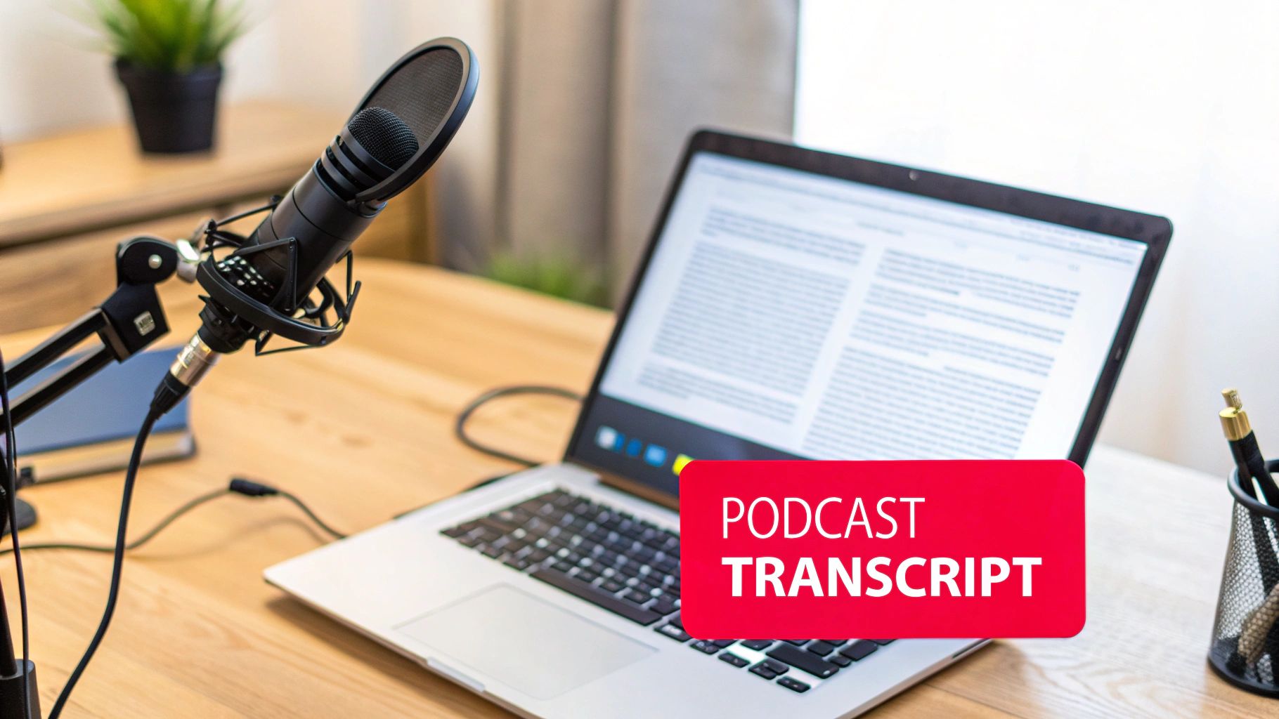 A professional microphone and a laptop displaying a podcast transcript on a wooden desk setup.