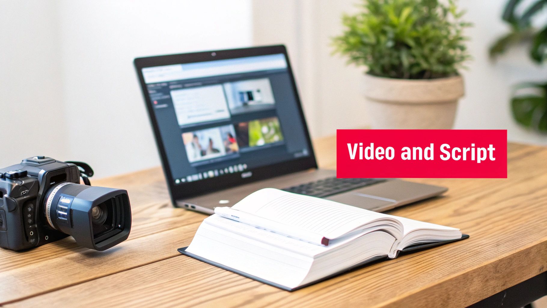 A camera, laptop displaying videos, and an open notebook with a pen on a wooden desk, emphasizing video and script creation.