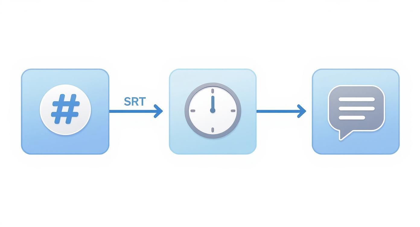 Visual workflow diagram showing hashtag, SRT label, clock icon, and message bubble representing subtitle conversion process