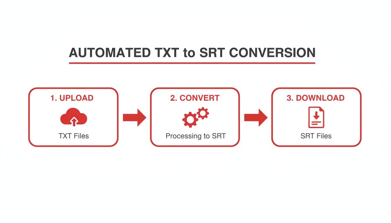 A diagram illustrates the three steps for automated TXT to SRT file conversion.
