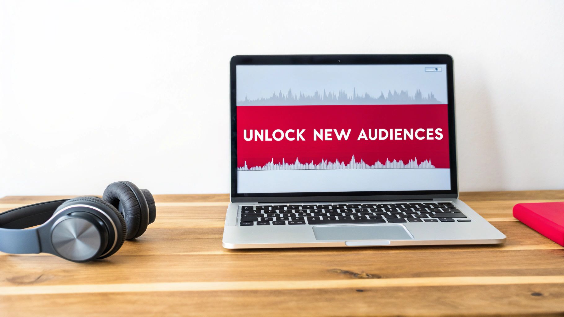 A person typing on a laptop, surrounded by icons representing video, text, and sound, illustrating the process of video transcription.