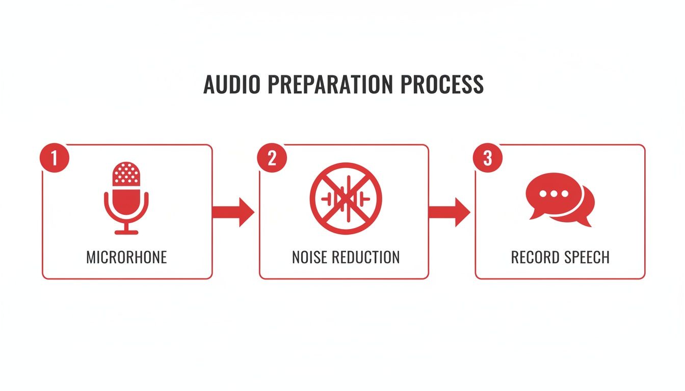 A clear diagram illustrating the 3-step audio preparation process: microphone, noise reduction, and record speech.