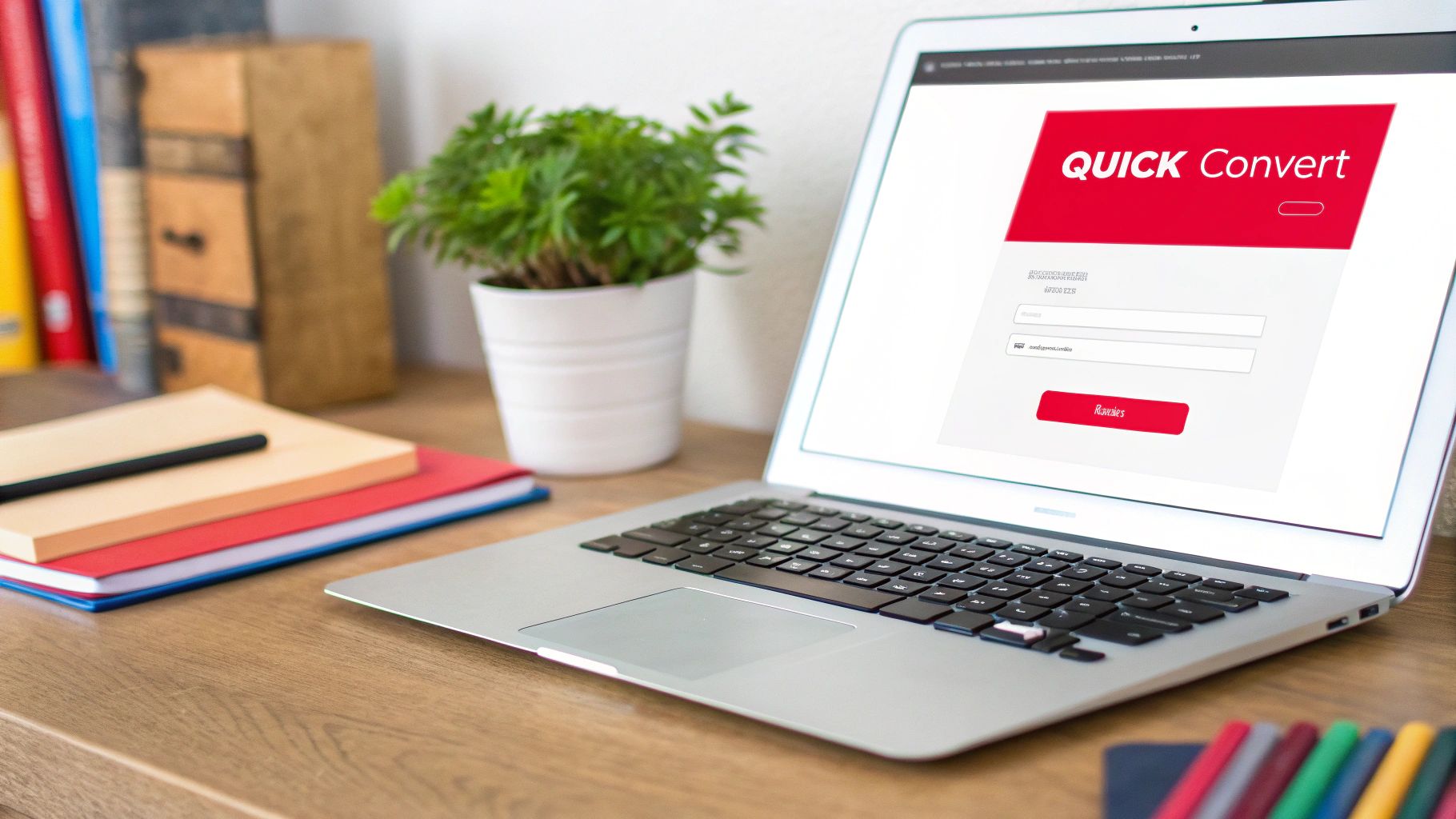 A laptop on a wooden desk displays a 'Quick Convert' application interface with input fields.