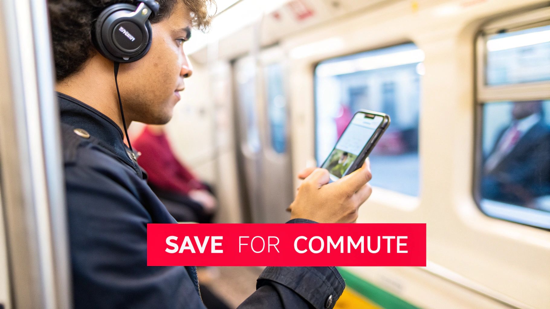 A young man wearing headphones uses his smartphone on a train, with text "SAVE FOR COMMUTE".