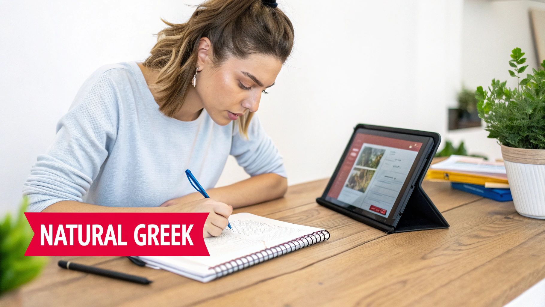 A young woman diligently writing in a notebook at a desk with a tablet and a plant.