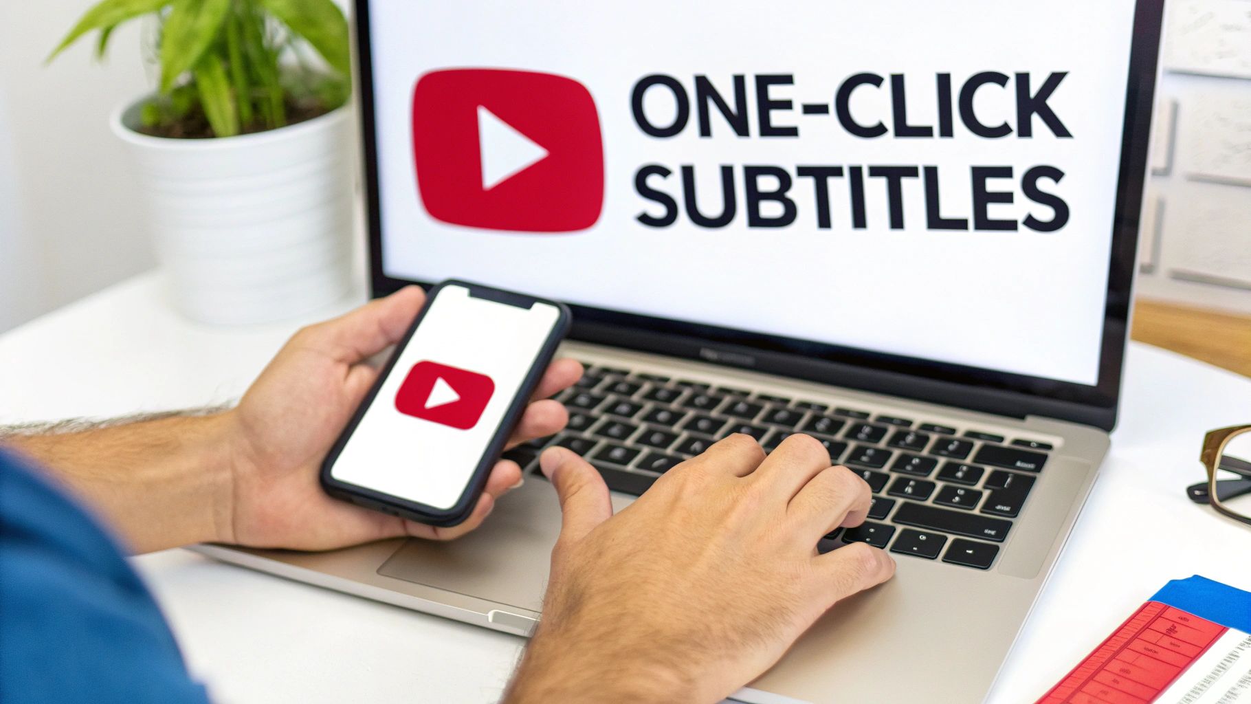 A person holds a smartphone with the Youtube logo while typing on a laptop displaying 'ONE-CLICK SUBTITLES'.