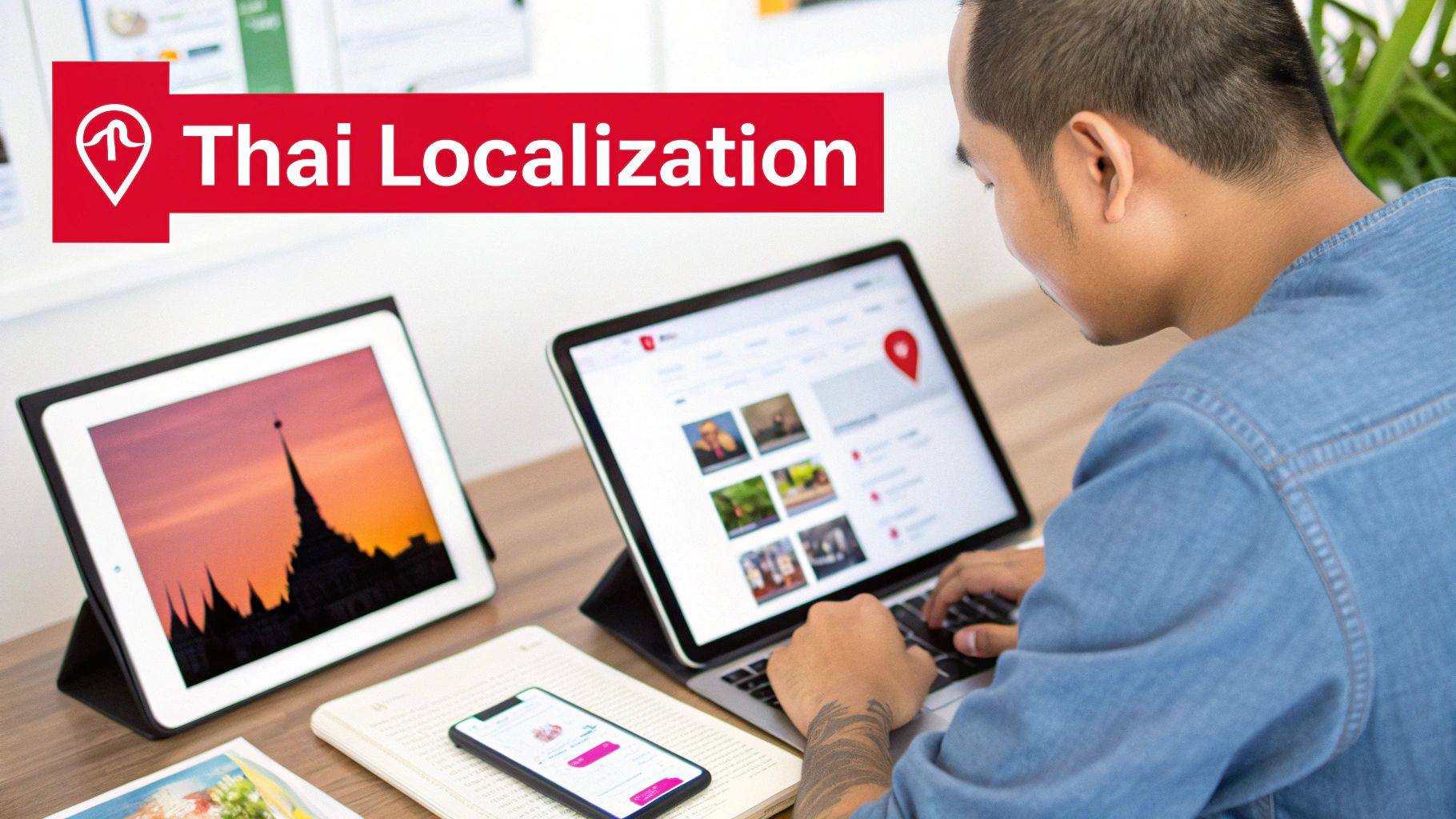 A person works on a laptop with a 'Thai Localization' banner, next to a tablet and phone.