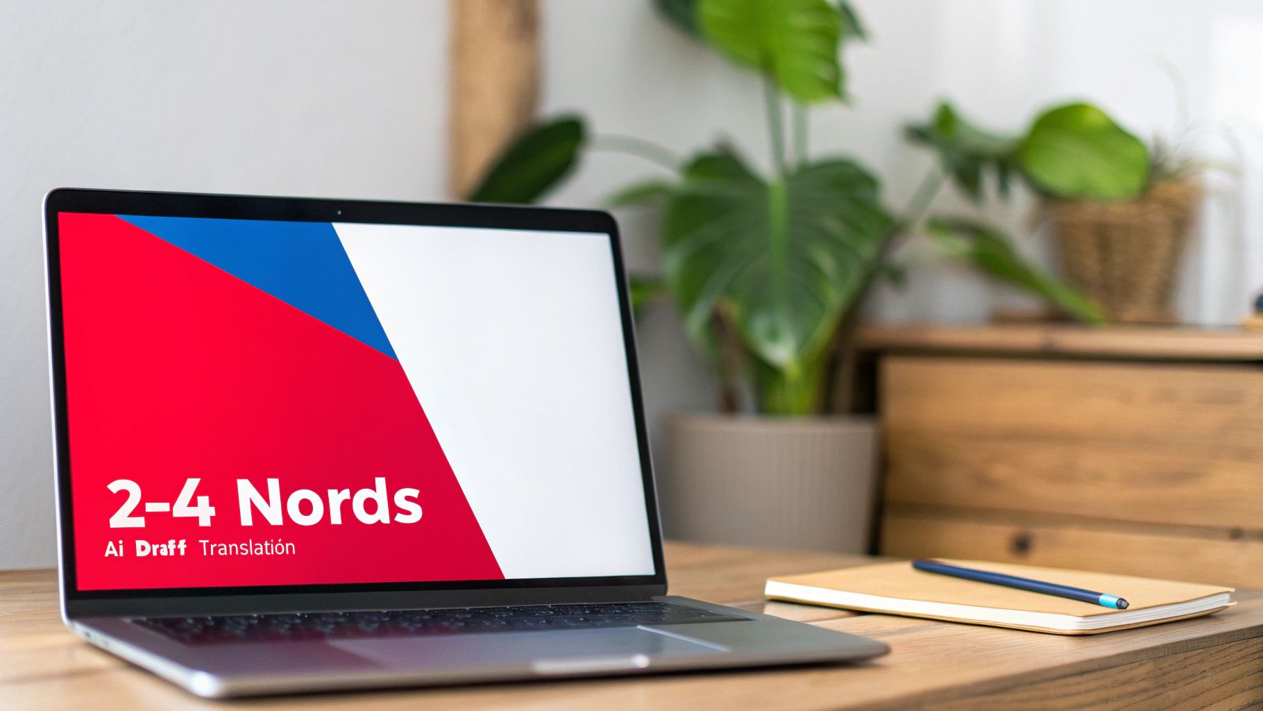 A laptop on a wooden desk displays a graphic with red, white, and blue, and '2-4 Nords Ai Draff Translation'.