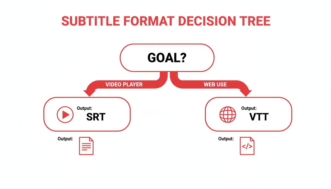 A subtitle format decision tree flowchart. Goal? Leads to Video Player (SRT output) and Web Use (VTT output).