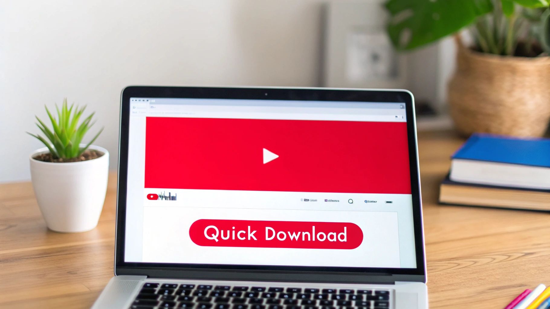 Laptop displaying Youtube video player with quick download button on wooden desk workspace