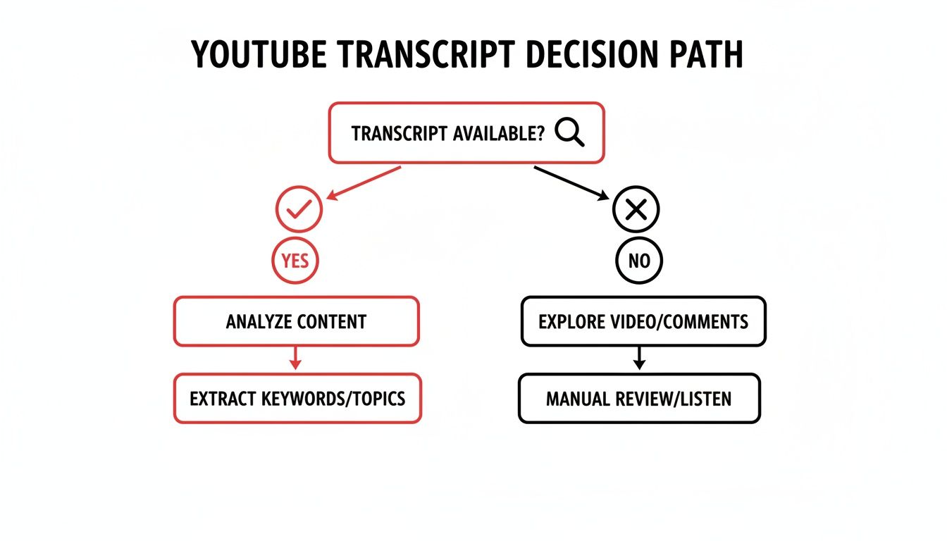 Flowchart illustrating the Youtube transcript decision path for content analysis and keyword extraction.