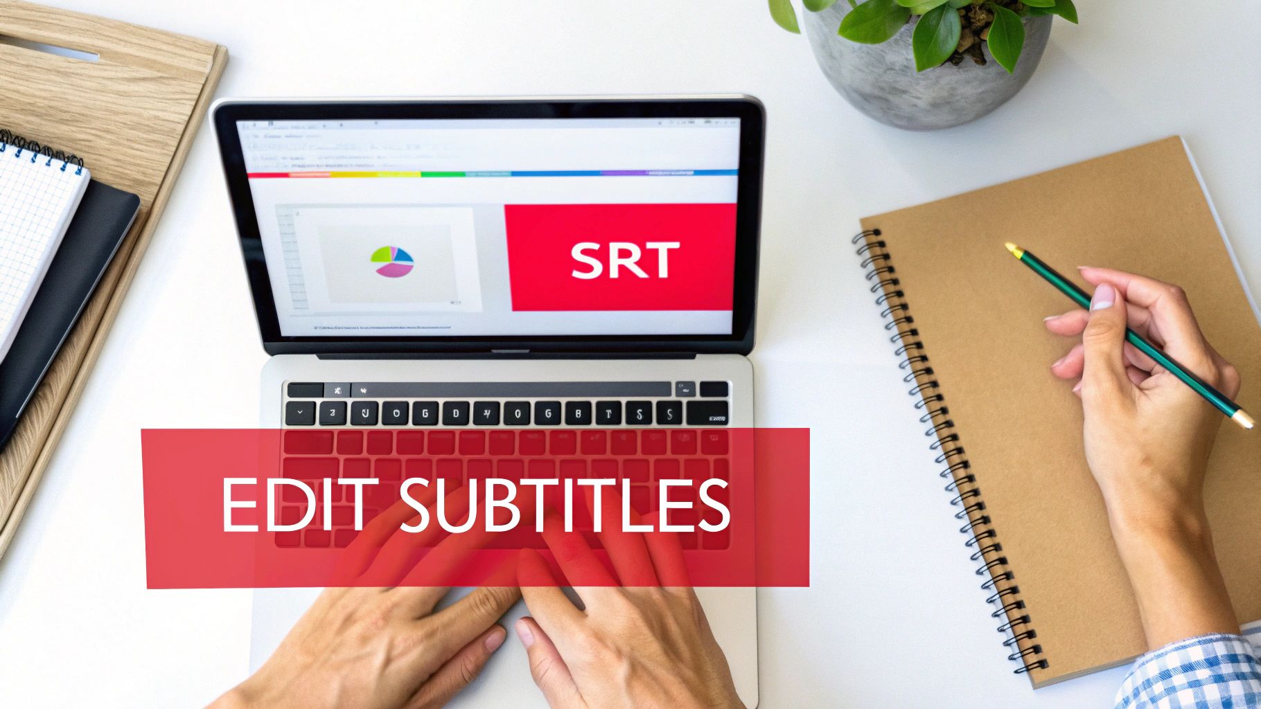 Overhead shot of a person editing subtitles on a laptop, with a notebook and pencil nearby.