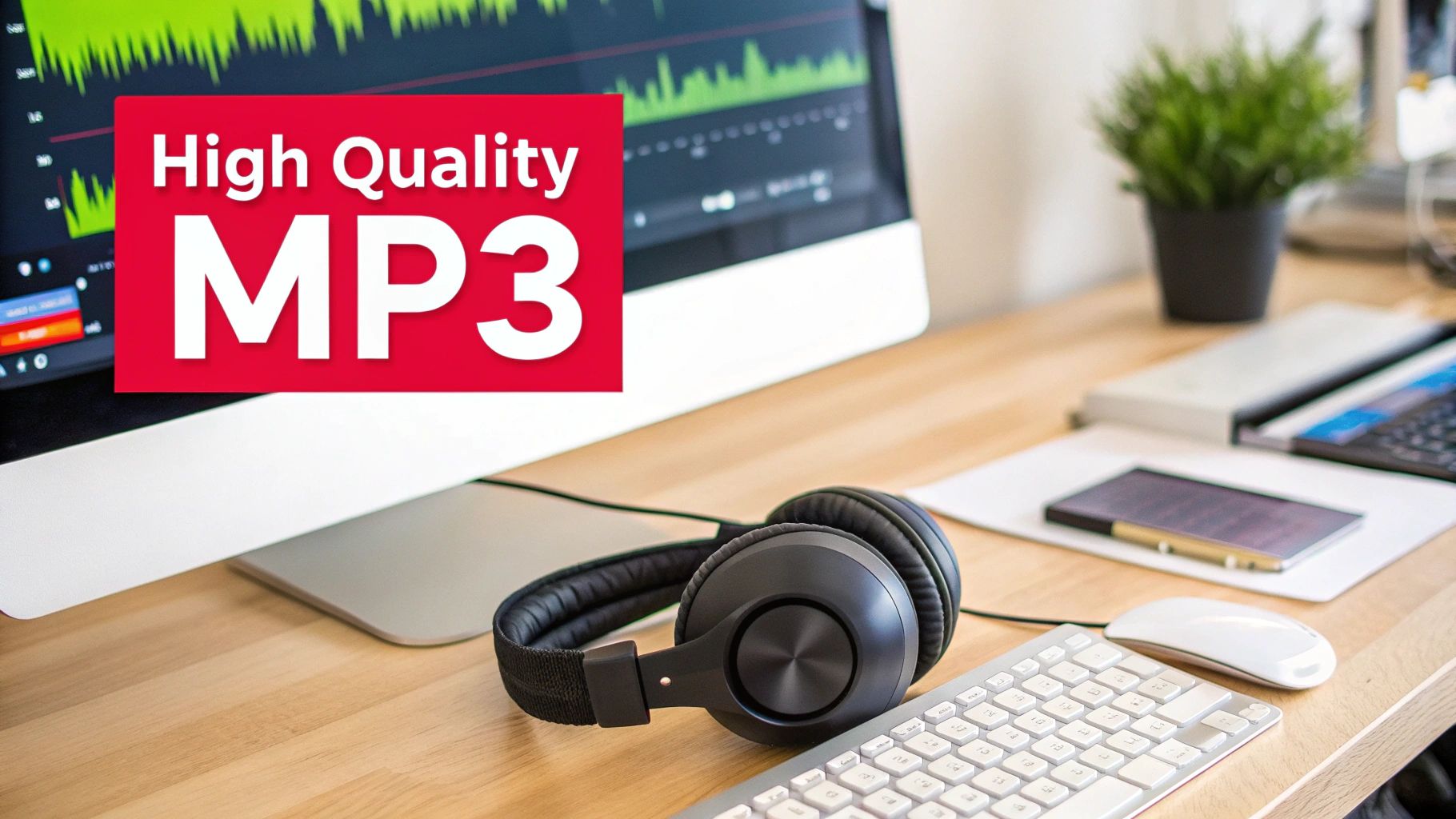 Desk with computer displaying audio waveform, headphones, keyboard, and a 'High Quality MP3' overlay.