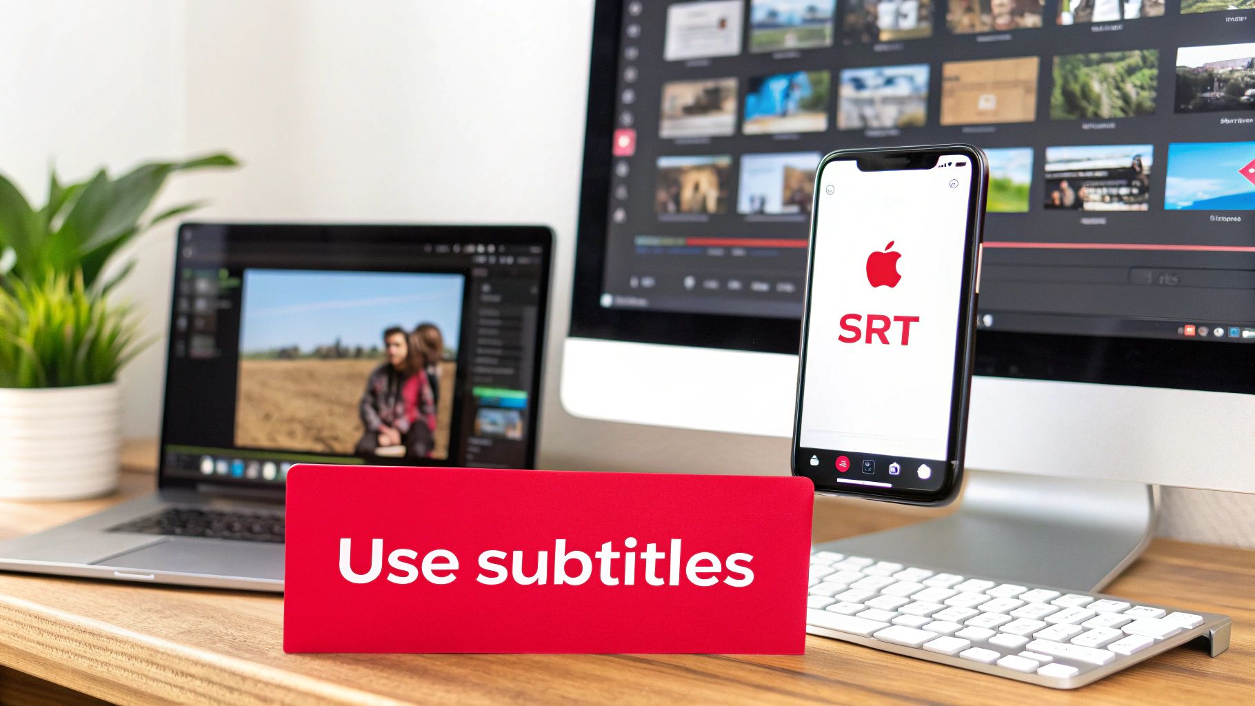A desk with a laptop, monitor, and smartphone, featuring video editing software and a red sign saying 'Use subtitles'.