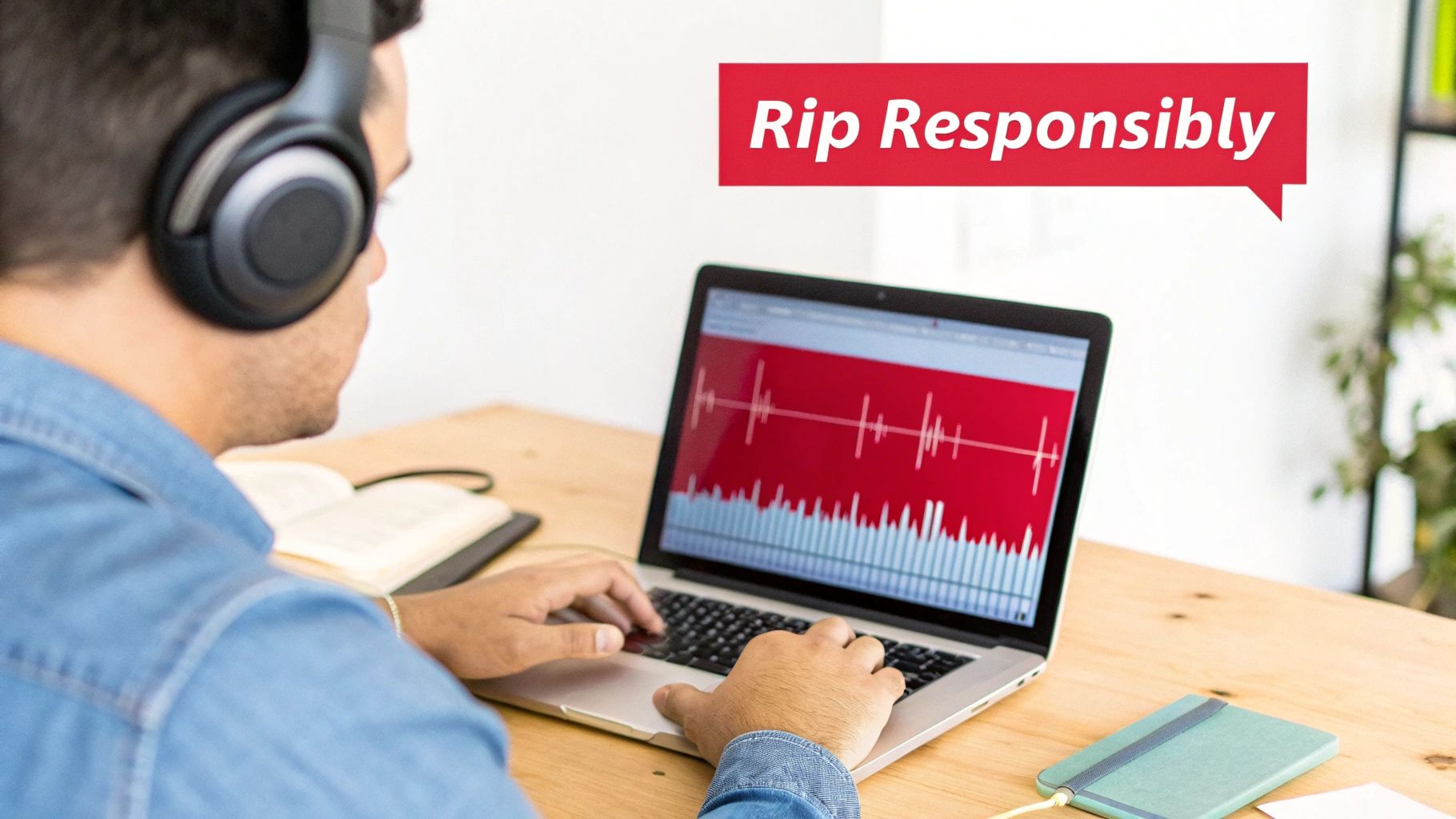 A man wearing headphones works on a laptop showing audio waveforms, with a 'Rip Responsibly' speech bubble.