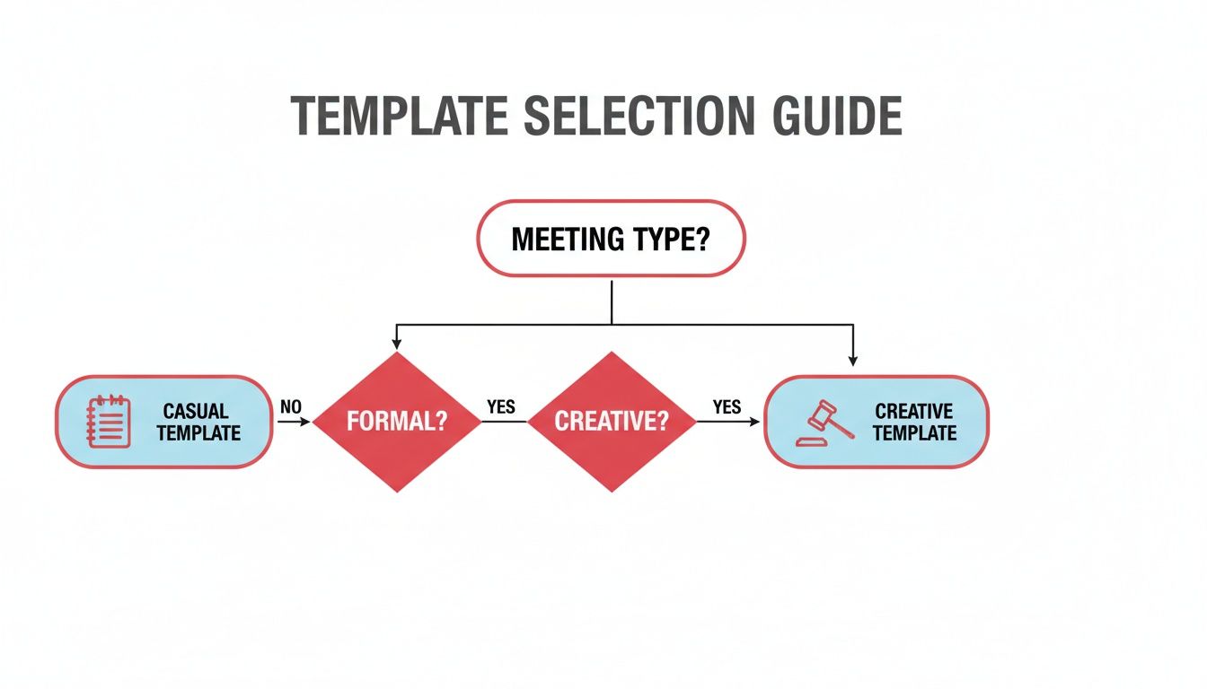 A flowchart showing a template selection guide for meeting types based on formality and creativity.