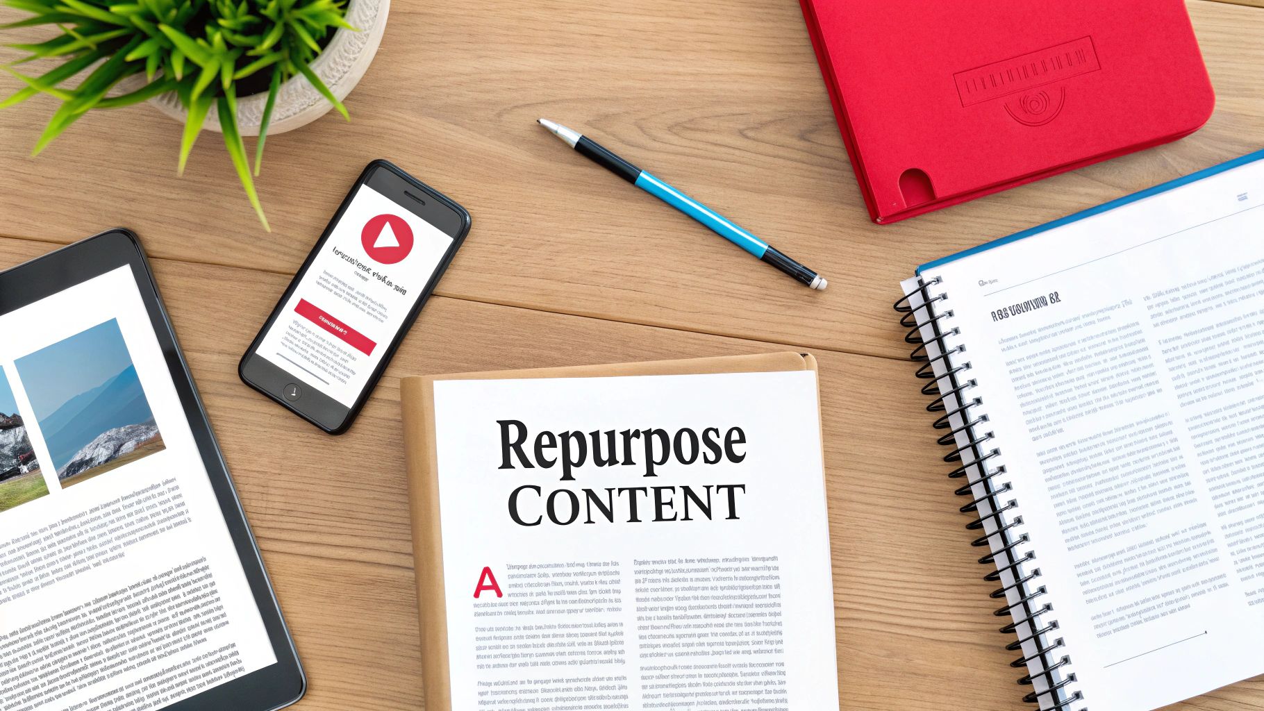 A person sitting at a desk, surrounded by icons of a blog, social media, and email, illustrating the repurposing of a video transcript.