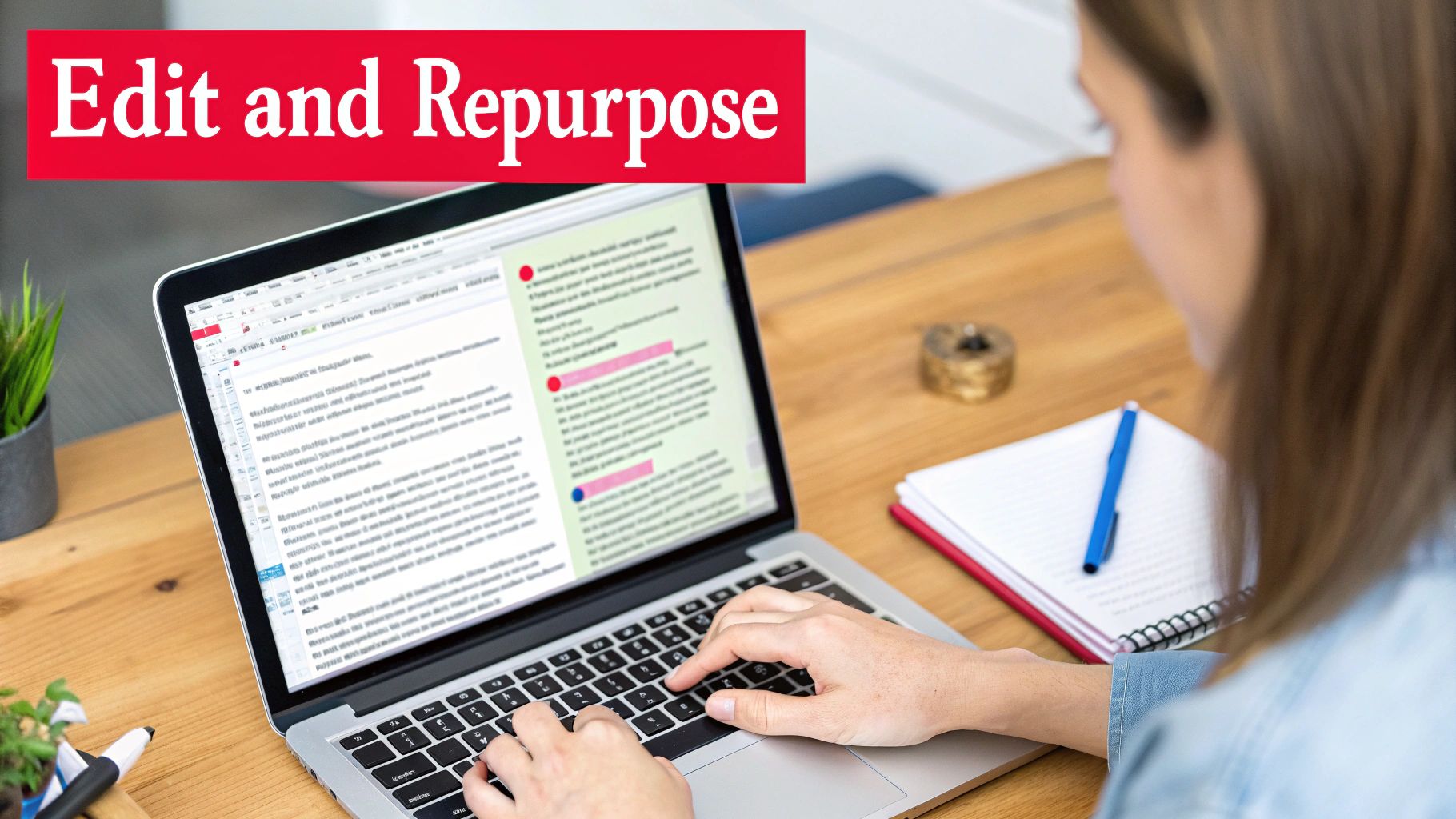 A person typing on a laptop, editing content with a red banner stating 'Edit and Repurpose'.