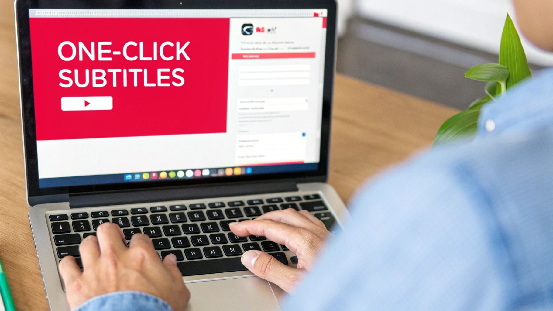 Hands typing on a laptop displaying a 'ONE-CLICK SUBTITLES' application for accessibility.